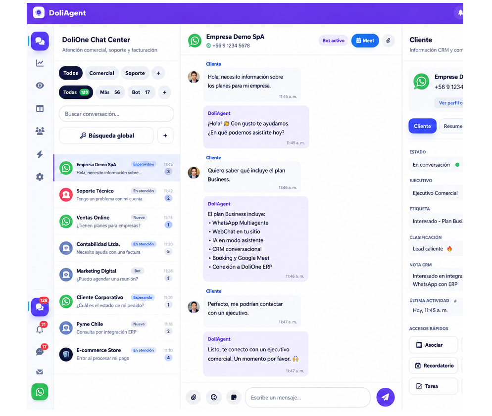 DoliAgent Chat Center Omnicanal con WhatsApp, WebChat, CRM e IA en modo asistente